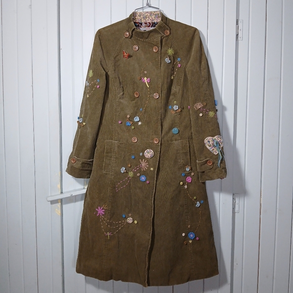 vintage Jackets & Blazers - Vintage Olive Green Embroidered Corduroy Pea Coat